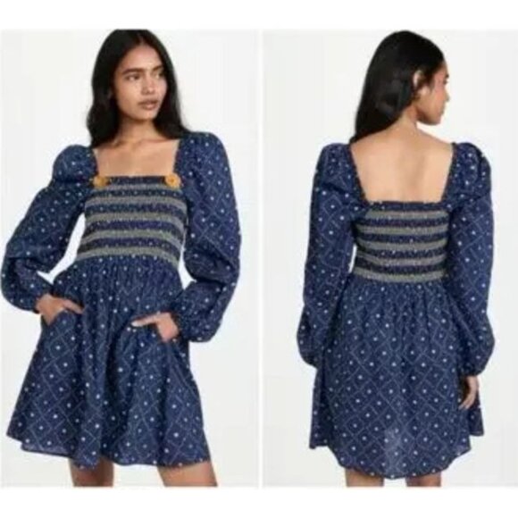 Figue Peony Kizzy Mini Dress Smocked Pom Pom Bandana Print Blue Small - Picture 4 of 13
